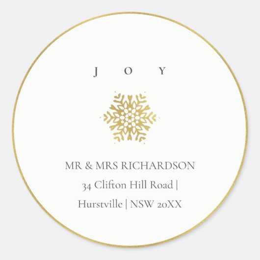 Minimal Gold SnowflakeJoy Christmas Address Runder Aufkleber (Vorderseite)