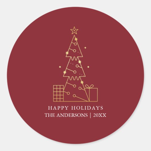 Minimal Gold Weihnachtsbaum Modern Red Runder Aufkleber (Vorderseite)