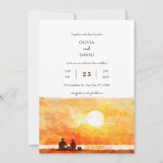Minimal Golden Sunset Picnic Beach Hochzeit einlad Einladung (Vorderseite)
