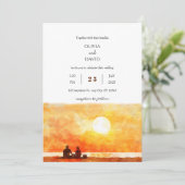 Minimal Golden Sunset Picnic Beach Hochzeit einlad Einladung (Stehend Vorderseite)