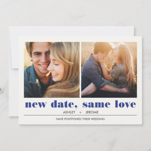 Minimal grafisch | 2 Fotos Hochzeitsaufschub Karte (Vorderseite)