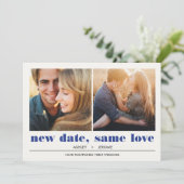 Minimal grafisch | 2 Fotos Hochzeitsaufschub Karte (Stehend Vorderseite)