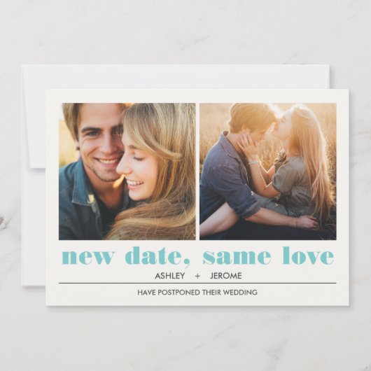 Minimal grafisch | 2 Fotos Hochzeitsaufschub Karte (Vorderseite)