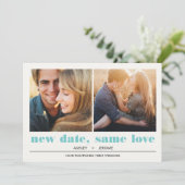 Minimal grafisch | 2 Fotos Hochzeitsaufschub Karte (Stehend Vorderseite)