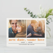 Minimal grafisch | 2 Fotos Hochzeitsaufschub Karte (Stehend Vorderseite)