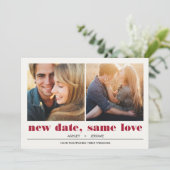 Minimal grafisch | 2 Fotos Hochzeitsaufschub Karte (Stehend Vorderseite)