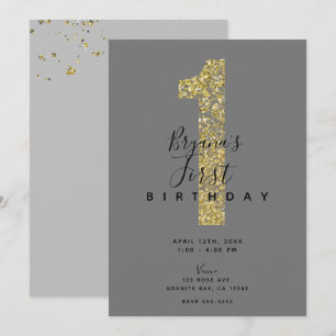 Minimal Grau Gold Flakes 1 Glitter 1. Geburtstag I Einladung