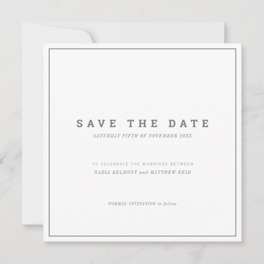 Minimal grau-weiße Hochzeit Save The Date (Vorderseite)
