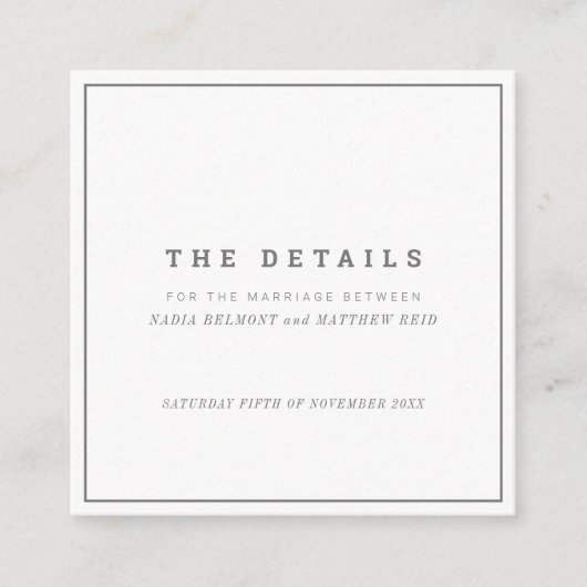 Minimal grau-weiße Hochzeitsdetails Begleitkarte (Vorderseite)