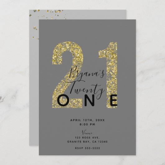Minimal Graue Flakes 21 Glitzer 21. Geburtstag Einladung (Vorne/Hinten)