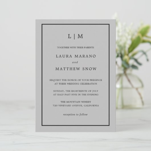 Minimal Gray Monogram Simple Wedding Einladung (Stehend Vorderseite)