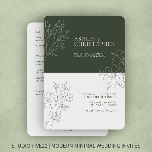 Minimal Green Foliage Kontur All-in-One Hochzeit Einladung