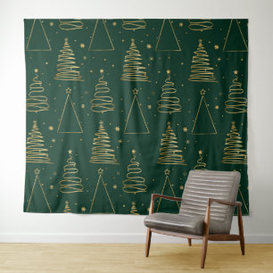 Minimal Green Gold Weihnachtsbaum Wandteppich