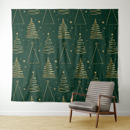 Minimal Green Gold Weihnachtsbaum Wandteppich (Beispiel (Horizontal))