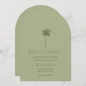 Minimal Green Palm Tree Beach Wedding Invitation Einladung (Vorne/Hinten)