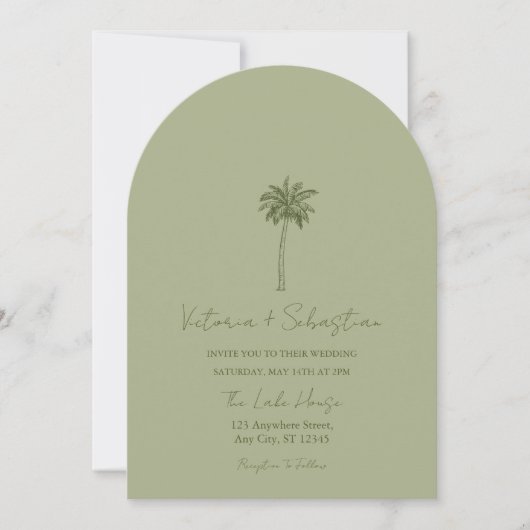 Minimal Green Palm Tree Beach Wedding Invitation Einladung (Vorderseite)