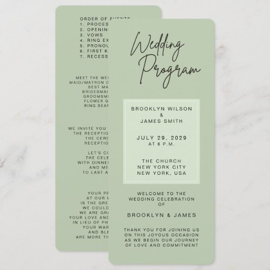 Minimal Green Sage Wedding Programs Einladung (Vorne/Hinten)