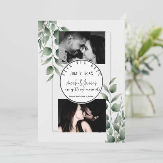 Minimal Greenery Blätter Moderne Weiß Save the Dat Einladung (Stehend Vorderseite)