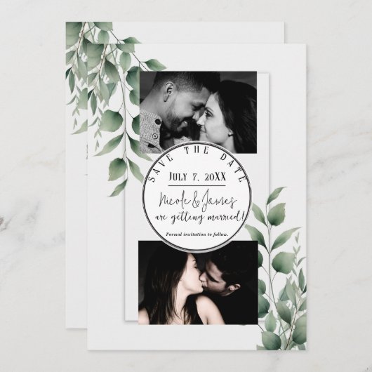 Minimal Greenery Blätter Moderne Weiß Save the Dat Einladung (Vorne/Hinten)