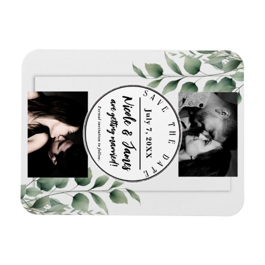 Minimal Greenery Blätter Moderne Weiß Save the Dat Magnet (Horizontal)