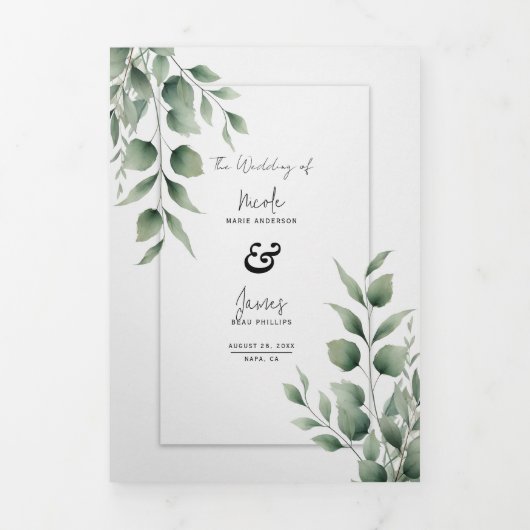 Minimal Greenery Blätter Moderne Weiße Hochzeit Dreifach Gefaltete Einladung (Cover)