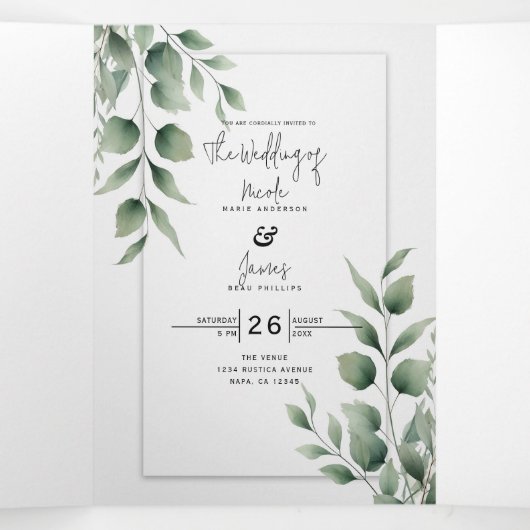 Minimal Greenery Blätter Moderne Weiße Hochzeit Dreifach Gefaltete Einladung (Innenseite Mitte)