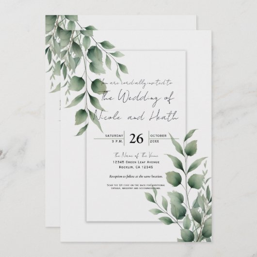 Minimal Greenery Blätter Moderne Weiße Hochzeit Einladung (Vorne/Hinten)