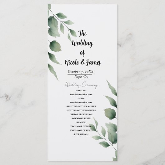 Minimal Greenery Blätter Moderne Weiße Hochzeit Programm (Vorderseite)