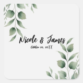 Minimal Greenery Blätter Moderne Weiße Hochzeit Quadratischer Aufkleber