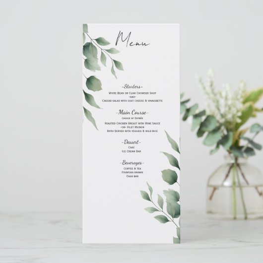 Minimal Greenery Blätter Modernes White Wedding Me Menükarte (Stehend Vorderseite)