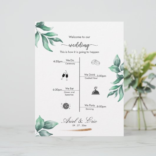 Minimal Greenery Classic Hochzeitsprogramm (Stehend Vorderseite)