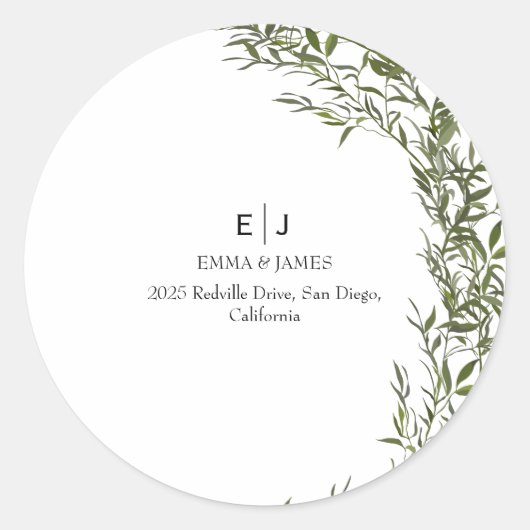 Minimal Greenery Monogram Round Aufkleber (Vorderseite)