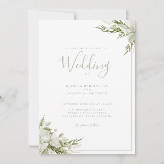 Minimal Greenery Sage Green Leaf Hochzeit Einladung (Vorderseite)