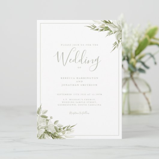 Minimal Greenery Sage Green Leaf Hochzeit Einladung (Stehend Vorderseite)