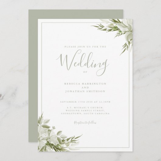 Minimal Greenery Sage Green Leaf Hochzeit Einladung (Vorne/Hinten)