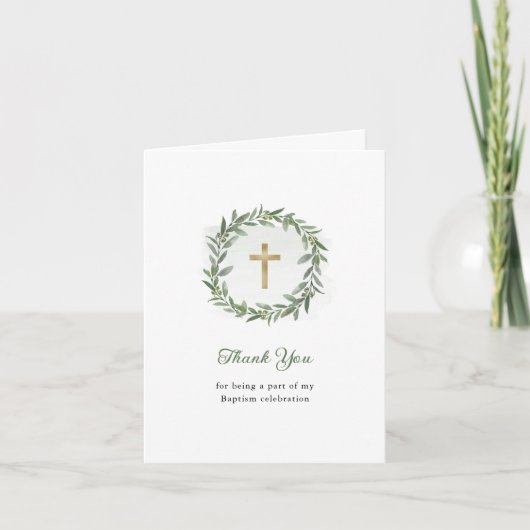 Minimal Greenery und Gold Cross | Taufe Dankeskarte (Vorderseite)
