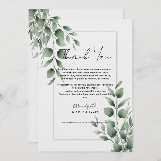 Minimal Grün Blätter Moderne Weiß Vielen Dank Einladung (Vorne/Hinten)