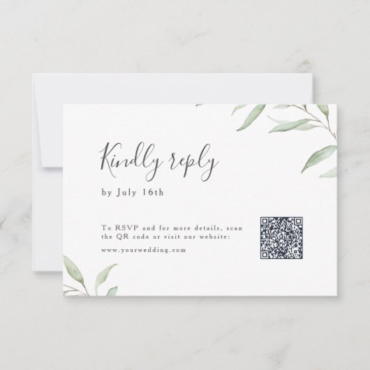Minimal grün botanische rustikale Hochzeit QR Code RSVP Karte (Vorderseite)