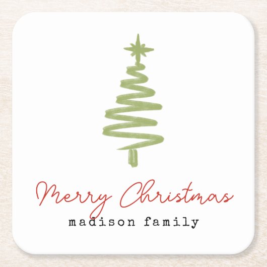 Minimal Grün & Rot Weihnachtsbaum Familie Rechteckiger Pappuntersetzer (Vorderseite)