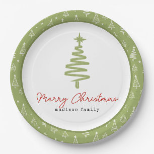 Minimal Grün & Roter Weihnachtsbaum Familienurlaub Pappteller