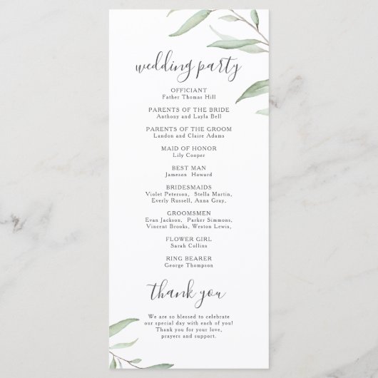 Minimal Grün rustikales Hochzeitsprogramm Menükarte (Rückseite)