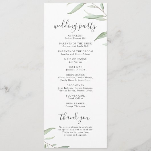 Minimal Grün rustikales Hochzeitsprogramm Menükarte (Rückseite)