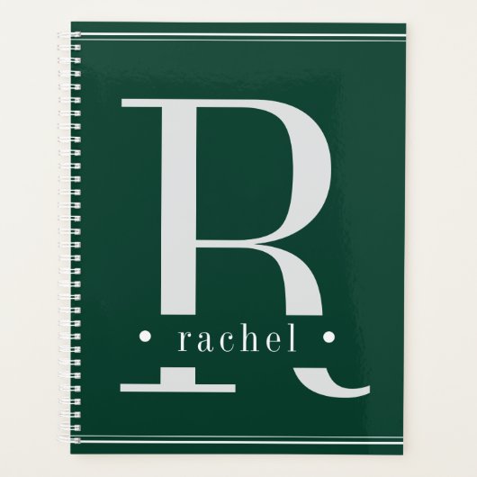 Minimal Grün/Weiß Monogramm Planer (Vorderseite)