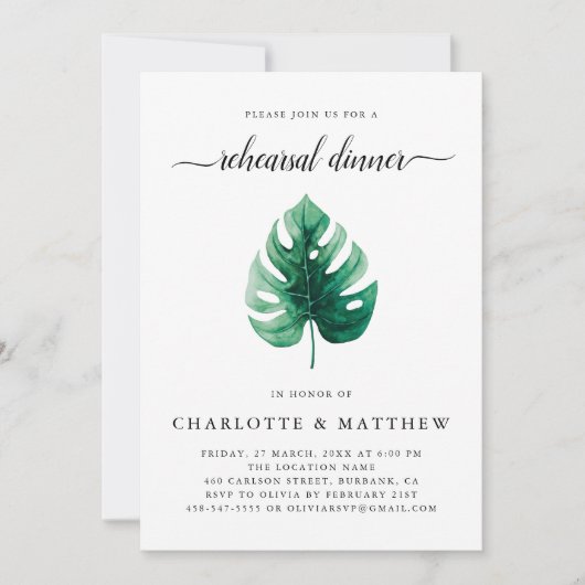 Minimal grünes tropisches Leaf Probe Abendessen Einladung (Vorderseite)