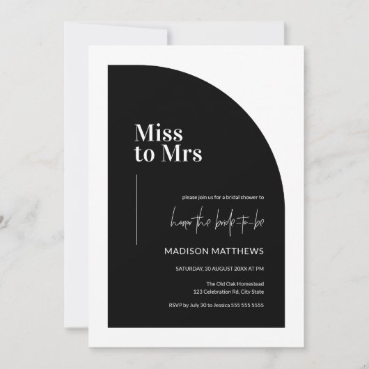 Minimal Half Arch Miss zu Mrs. Black & White Brida Einladung (Vorderseite)