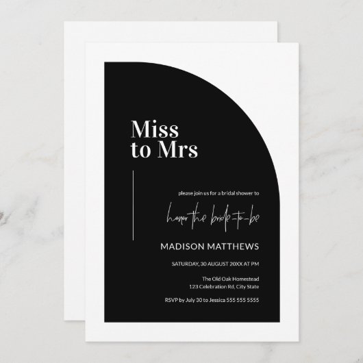 Minimal Half Arch Miss zu Mrs. Black & White Brida Einladung (Vorne/Hinten)