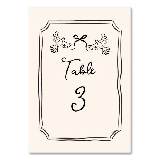 Minimal Hand-Drawn Doves Wedding Table Number Card Tischnummer (Vorderseite)