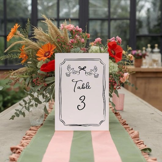 Minimal Hand-Drawn Doves Wedding Table Number Card Tischnummer