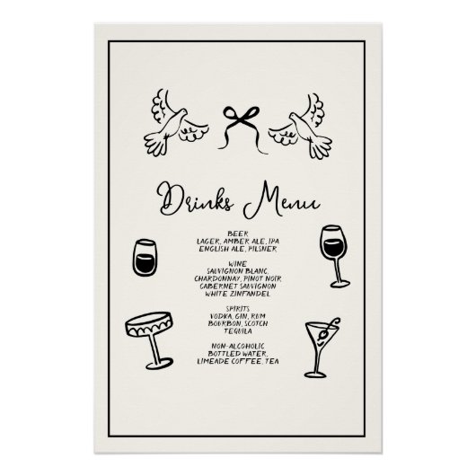 Minimal Hand Drawn “Drinks Menu” Wedding Bar  Poster (Vorderseite)