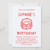 Minimal Hand Drawn Red Cake 16th Birthday Einladung (Vorderseite)